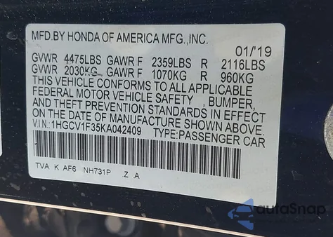 2019 Honda Accord Sport z USA, uszkodzony, nr VIN 1HGCV1F35KA042409